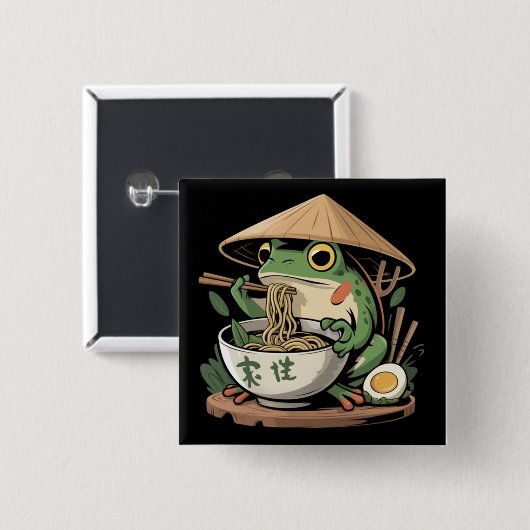 カワイイ猫のラーメンを食べるカエル 日本の麺類  缶バッジ (正面&裏面)