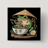 カワイイ猫のラーメンを食べるカエル 日本の麺類  缶バッジ (正面)