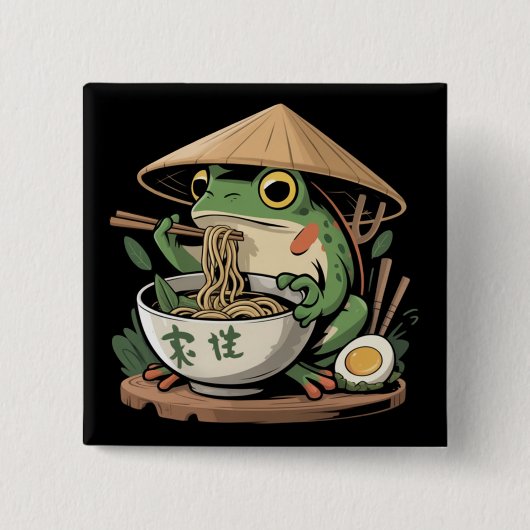 カワイイ猫のラーメンを食べるカエル 日本の麺類  缶バッジ (正面)