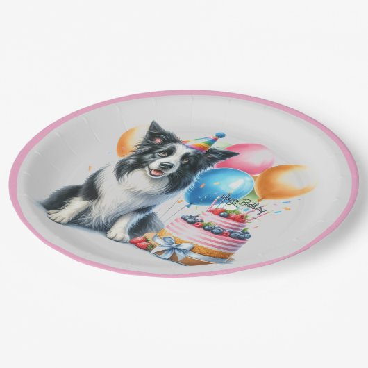 カワイイ縁どハッピーバースデーコリーパーティー ペーパープレート (アングル)