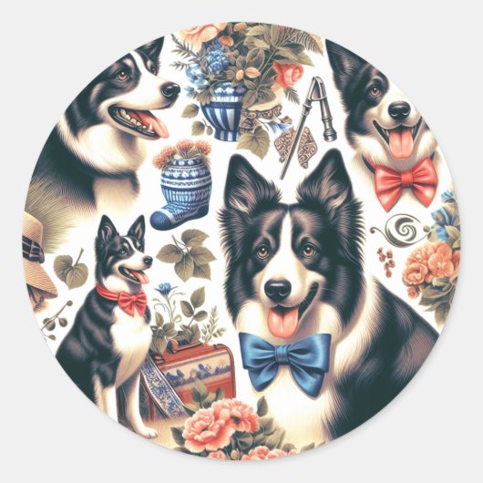 カワイイ縁どヴィンテージコリーイラストレーション ラウンドシール (正面)