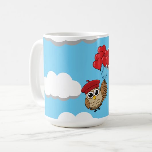 カワイイ飛んでいるフクロウハートバルーン コーヒーマグカップ (正面左)
