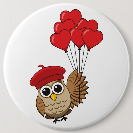 カワイイ飛んでいるフクロウハートバルーン 缶バッジ (正面)
