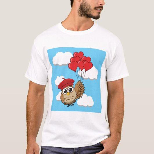 カワイイ飛んでいるフクロウハートバルーン Tシャツ (正面)