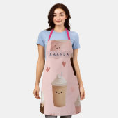 カワイイ アイスコーヒー パターン エプロン 名入れ可能 (着用した状態)