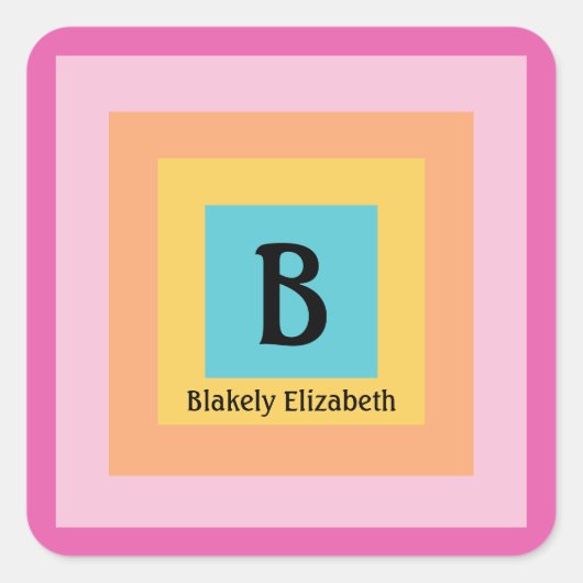 カワイイ&カラフルモノグラム文字の名前ガーリーおもしろい スクエアシール (正面)
