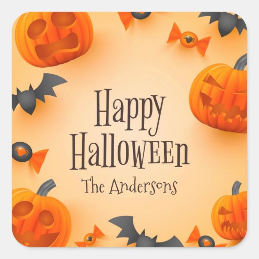 カワイカボンプキンスこうもりアンドスパイダーズハッピーハローウィン スクエアシール (正面)