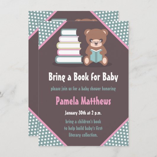 . .カワイグマが本を持ってくるベビーシャワー招待状 招待状 (正面/裏面)