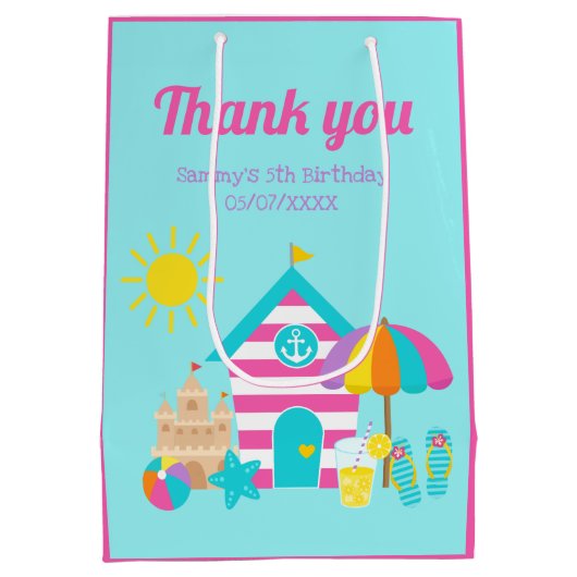 カワイトおもしろいキッズビーチサマー誕生日サンキュー ミディアムペーパーバッグ (裏面)