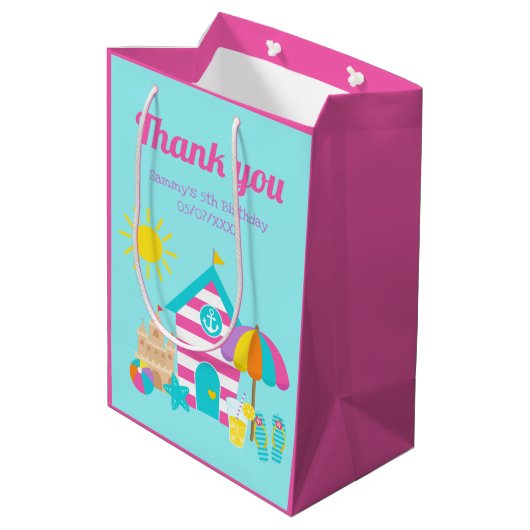カワイトおもしろいキッズビーチサマー誕生日サンキュー ミディアムペーパーバッグ (裏面アングル)