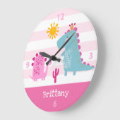 カワイトかわいいズ恐竜ガールピンク子供部屋名前をカスタムする ラージ壁時計 (傾斜)