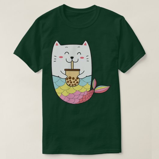 カワイトかわいい人魚猫ボババブルミルクティーアニメ Tシャツ (デザイン正面)