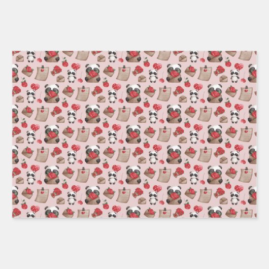 カワイトなバレンタインデーパンダベアラブパターン ラッピングペーパーシート (正面2)