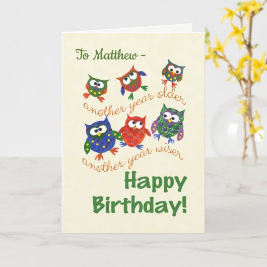 カワイトなフクロウの誕生日カードで個人設定 カード (黄色い花)