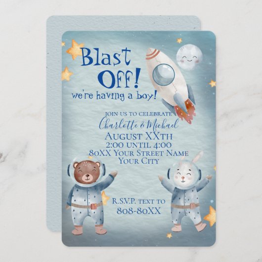 カワイトアニマルズイン宇宙男の赤ちゃんテーマ 招待状 (正面/裏面)