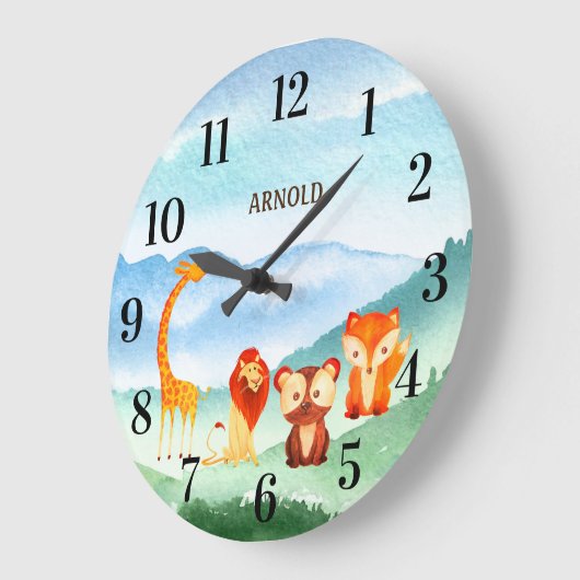 カワイトアニマルズキッズ子供部屋グリーンブルーフォレスト ラージ壁時計 (傾斜)