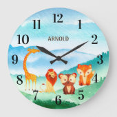 カワイトアニマルズキッズ子供部屋グリーンブルーフォレスト ラージ壁時計 (正面)
