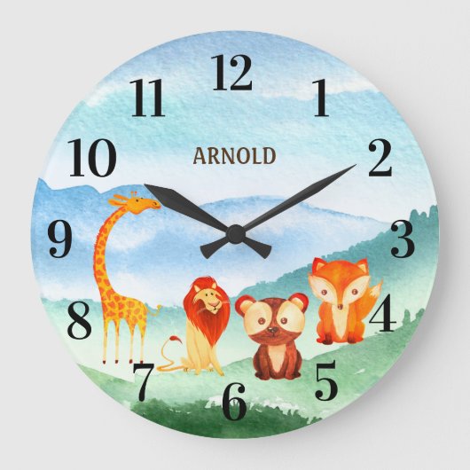 カワイトアニマルズキッズ子供部屋グリーンブルーフォレスト ラージ壁時計 (正面)