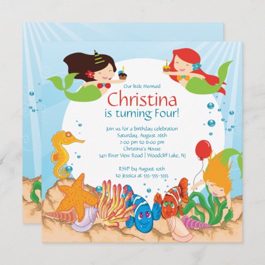 カワイトアンダーザシーマーメイド誕生日招待状 招待状 (正面/裏面)