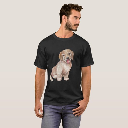 カワイトウォーターカラーゴールデンレトリーバー子犬の絵 Tシャツ (正面フル)