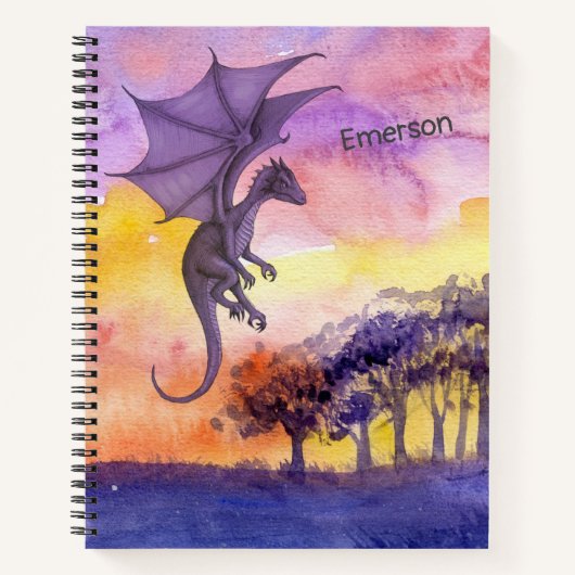 カワイトウォーターカラーパープルマジカル飛んでいるドラゴン ノートブック (正面)