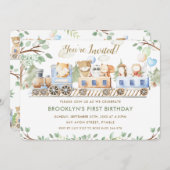 カワイトウッドランドアニマルズトレイングリーンリー誕生日 招待状 (正面/裏面)