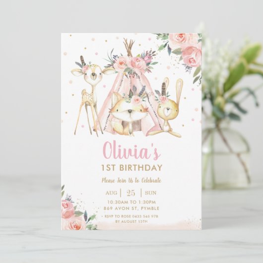 カワイトウッドランドアニマルズボホ部族少女誕生日 招待状 (スタンド正面)