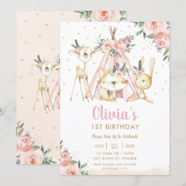 カワイトウッドランドアニマルズボホ部族少女誕生日 招待状