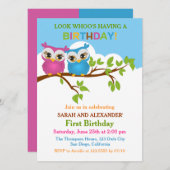 カワイトオウルズオンブランチツインズバースデーパーティー招待状 招待状 (正面/裏面)