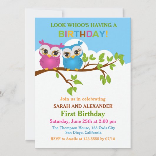 カワイトオウルズオンブランチツインズバースデーパーティー招待状 招待状 (正面)