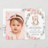 カワイトオウルピンクフローラグリーナリー誕生日写真 招待状 (正面/裏面)