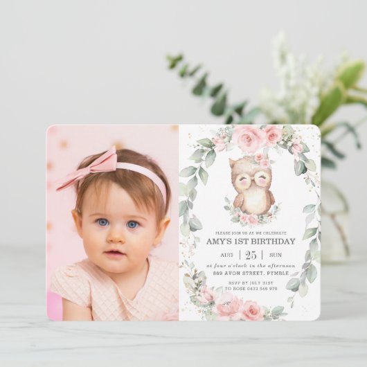 カワイトオウルピンクフローラグリーナリー誕生日写真 招待状 (スタンド正面)