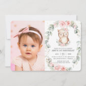 カワイトオウルピンクフローラグリーナリー誕生日写真 招待状 (正面)