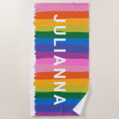 カワイトカラフルおもしろいレイストライプンボーパーソナライズされた ビーチタオル (正面)