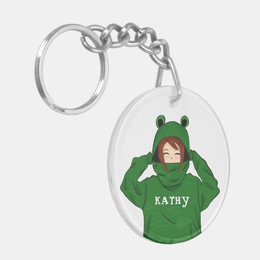 カワイトガールウィズグリーンフロッグフード付スケッチキーチェーン キーホルダー (正面左)
