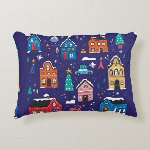 カワイトクリスマスハウスフラットヴィンテージイラストレーション アクセントクッション
