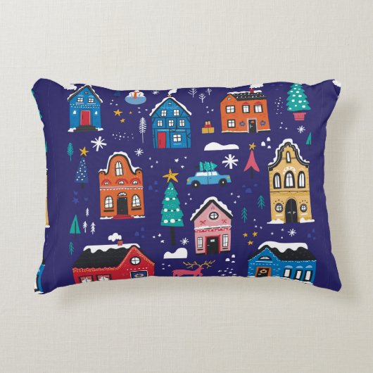 カワイトクリスマスハウスフラットヴィンテージイラストレーション アクセントクッション (正面)