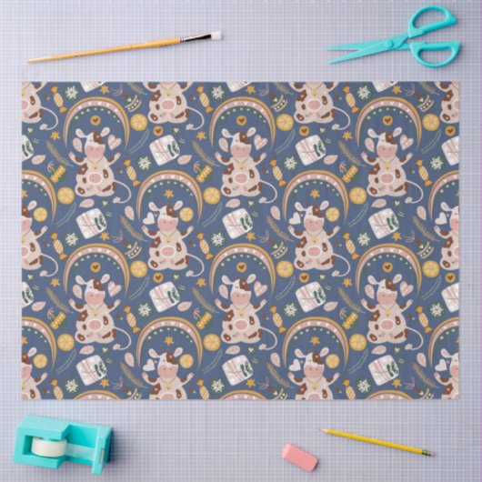 カワイトクリスマスヨガお洒落牛のパターンブルー 薄葉紙 (クラフト)