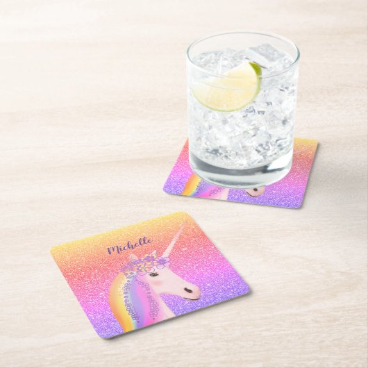 カワイトグリッターレインボーユニコーンファンタジーパーソナライズされた スクエアペーパーコースター (インサイチュ)