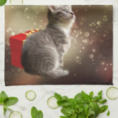 カワイトグレーの子猫と赤い箱のフェスティバルカスタムクリスマス キッチンタオル (折り畳み)