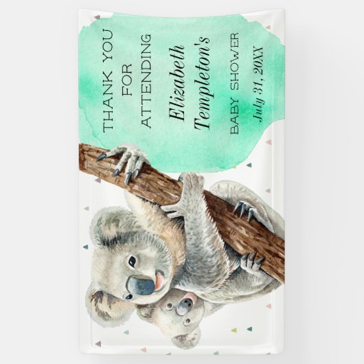 カワイトコアラベアイツアボーイティール（緑がかった色）ブルーベイビーシャワー 横断幕 (縦)