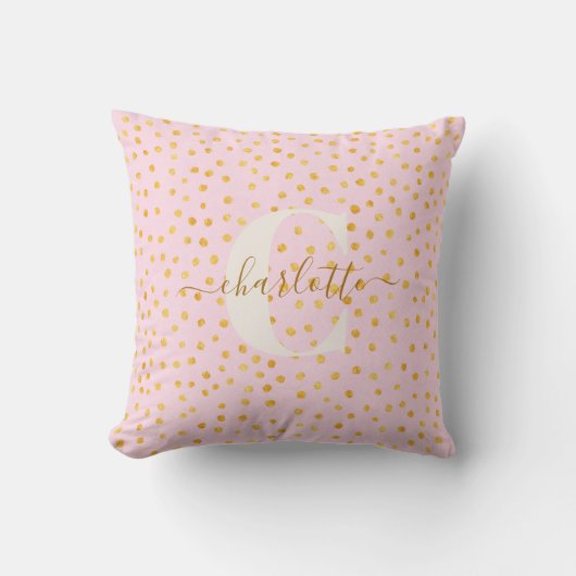 カワイトシックピンク金ゴールド水玉模様パーソナライズされた名 クッション (正面)