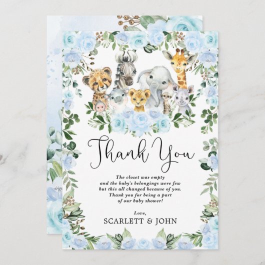 カワイトジャングル野生動物ブルーフローラ男の赤ちゃん サンキューカード (正面/裏面)