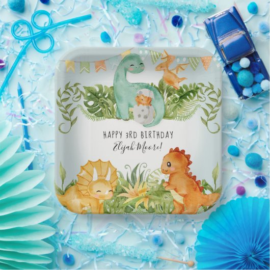 カワイトスクエア恐竜の葉3歳誕生日パーティー ペーパープレート (パーティー)