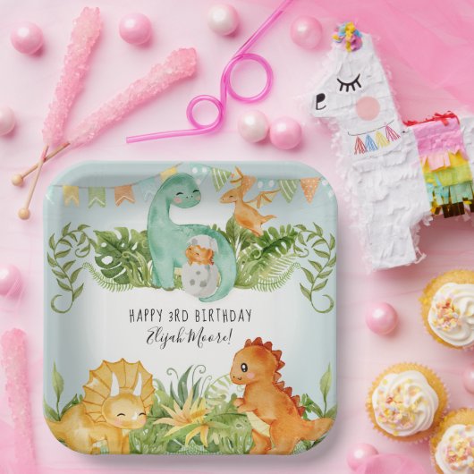 カワイトスクエア恐竜の葉3歳誕生日パーティー ペーパープレート (パーティー)