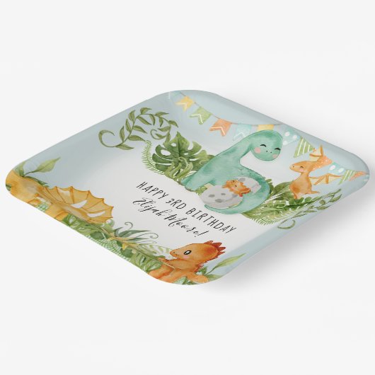 カワイトスクエア恐竜の葉3歳誕生日パーティー ペーパープレート (傾斜あり)