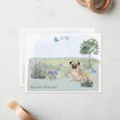 カワイトパグバタフライメドウモノグラム&ネーム     ノートカード (正面/裏面インサイチュ)