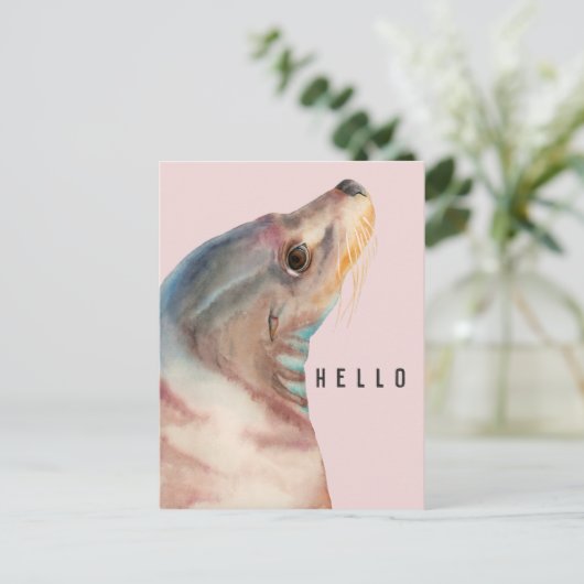 カワイトピンクのシーライオンHELLO ポストカード (スタンド正面)