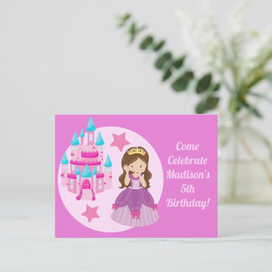 カワイトピンクのプリンセスガールバースデーパーティーの招待 ポストカード (スタンド正面)