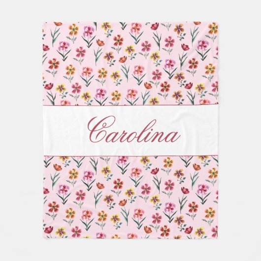 カワイトピンクウォーターカラーフローラガール子供部屋キッズルーム フリースブランケット (正面)